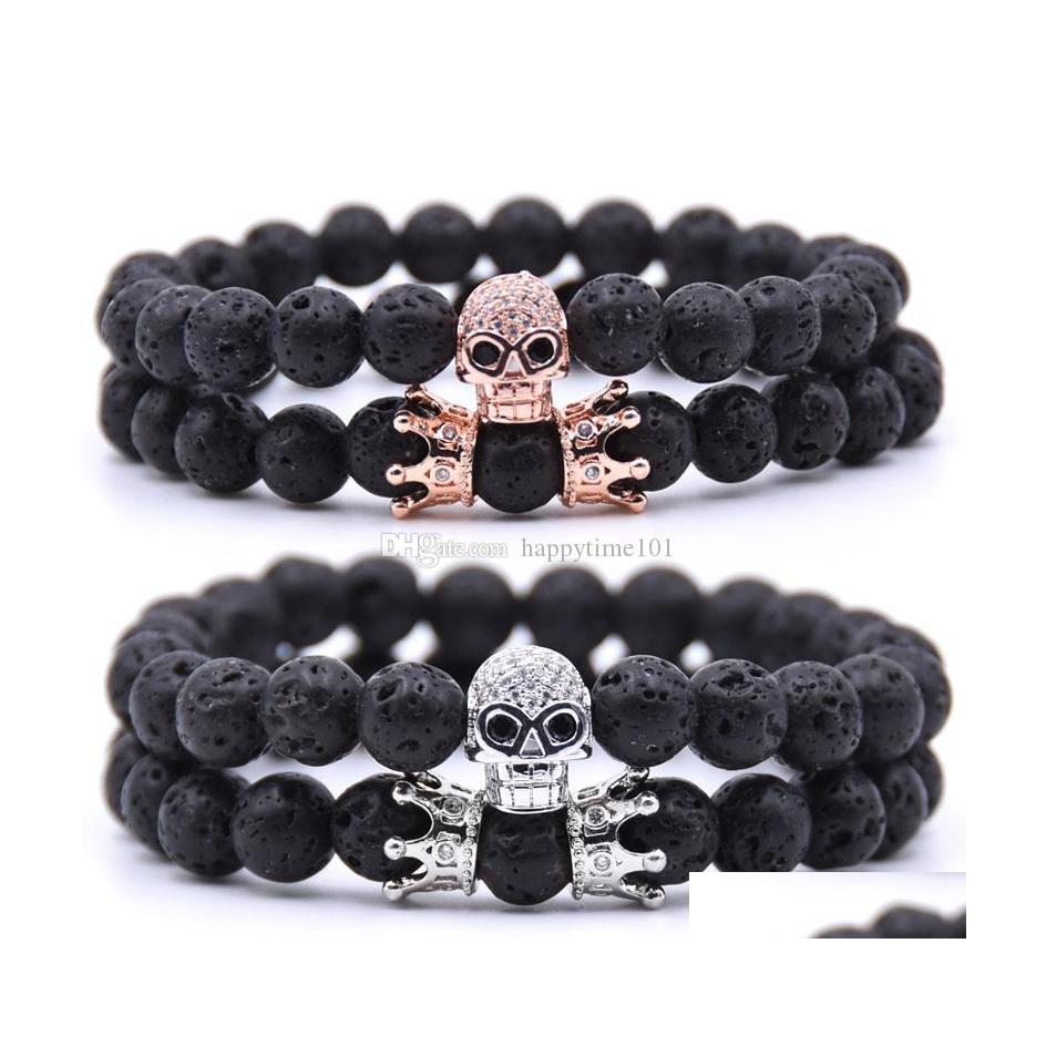 

Charm Bracelets 2Pcs/Set Crown Skl Natural Stone Bracelet Lava Beads Volcanic Rock Essential Oil Diffuser Bangle Jewelry Hand String Dhrg8