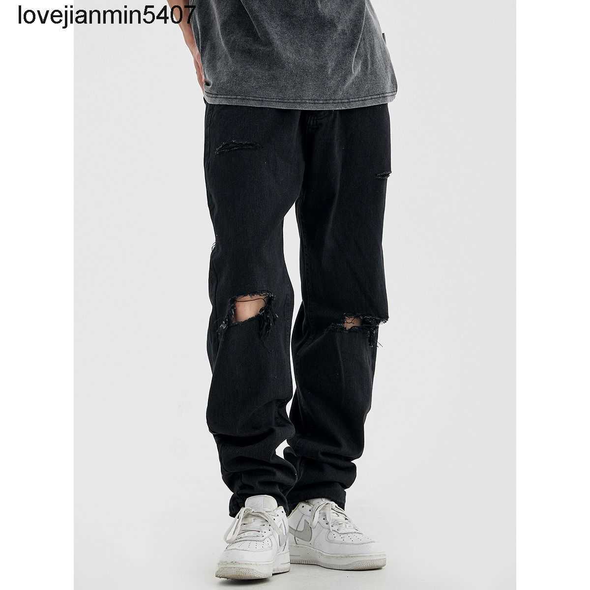 

Fashionable Men' Jeans Factory Wholesale and Retail Fog High Street Black Broken Jeans Men' Women' Fashion Br Vibe Pants Loose Straight Casual Stacking