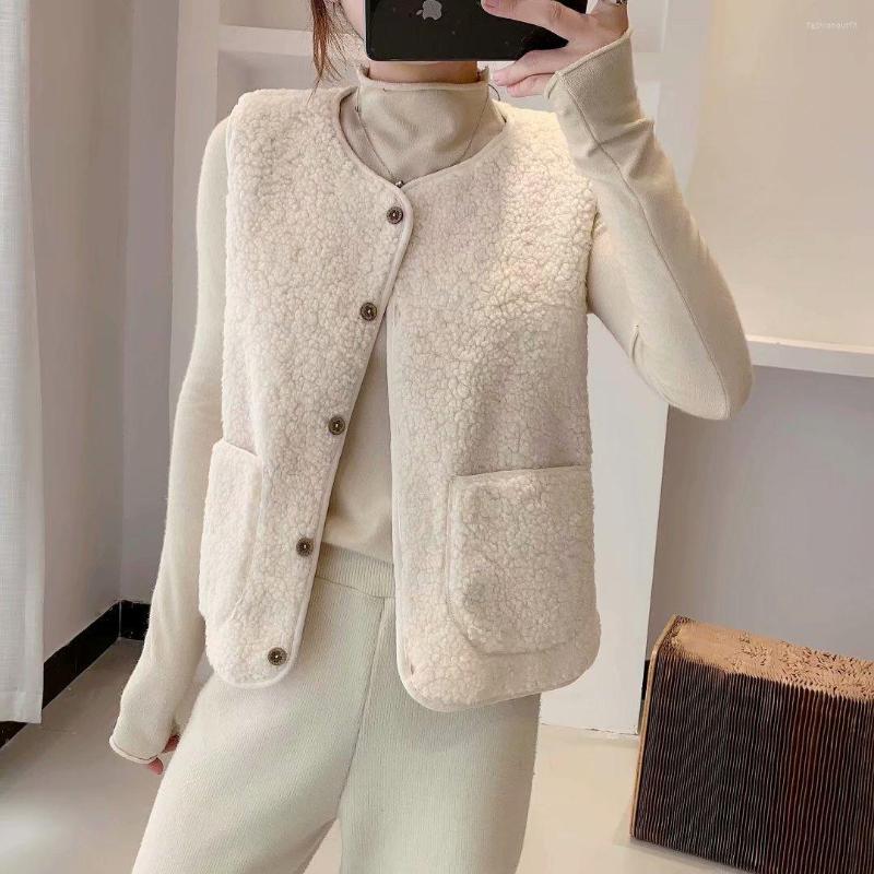 

Women' Vests 2022 Korean Design Women Slimming Fit Single Breasted Fur Vest Lamb Plush Warm Velvet Gilet Waistcoat Drop, Beige