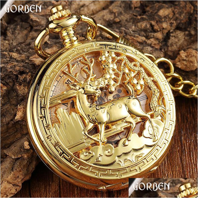 

Pocket Watches 2021 Gold Clock Flower Deer Carving Design Mechanical Pocket Watch Fob Waist Chain Skeleton Hollow Steampunk Men Drop Dhguk, Silver