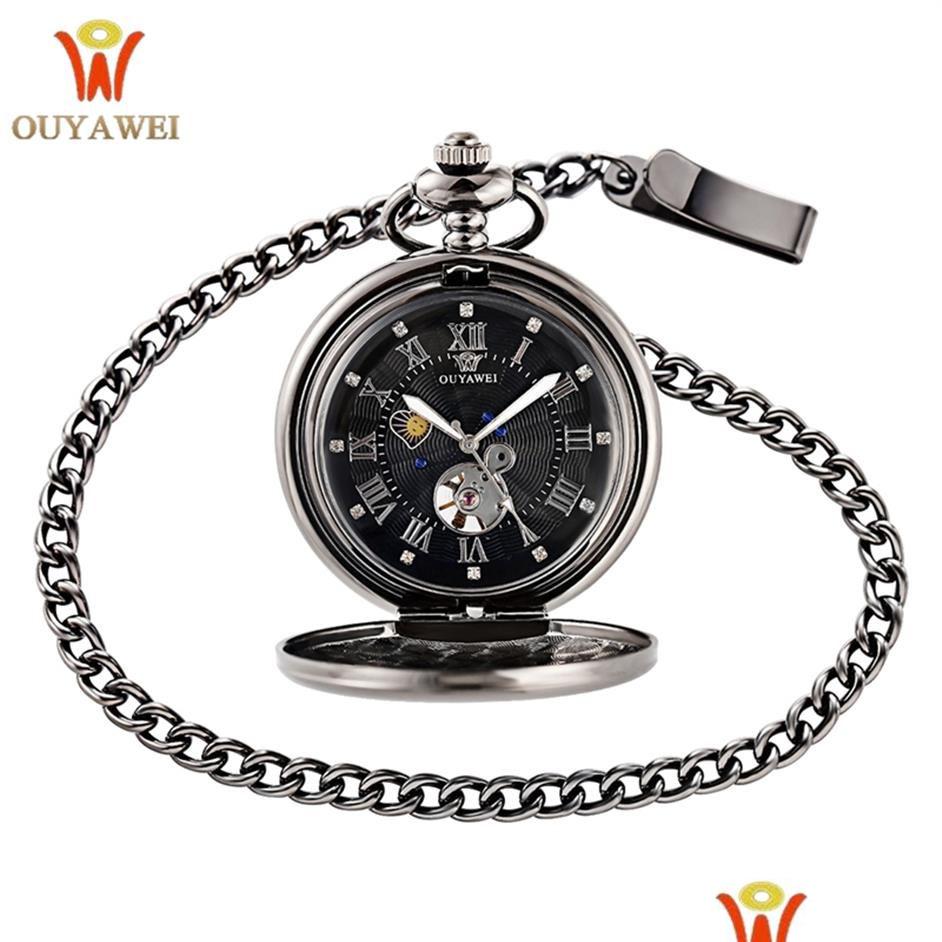 

Pocket Watches Ouyawei Vintage Pocket Watch Black Case Hollow Dial Moon Phase Function Hand Wind Mechanical Fob T2005022124 Drop Del Dhv7U