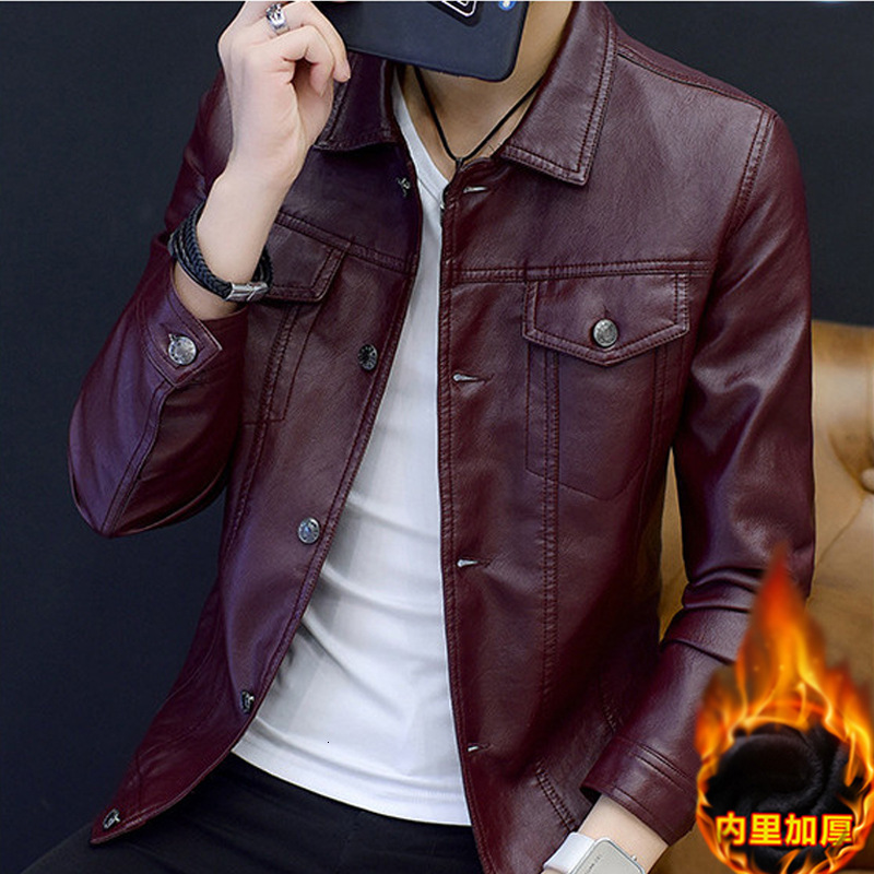 

Men's Leather Faux Spring Autumn Fashion Turn Up Collar Pu Jacker Coats Men Smart Casual Overcoat Outwear Size M-4XL 221202, Wine red