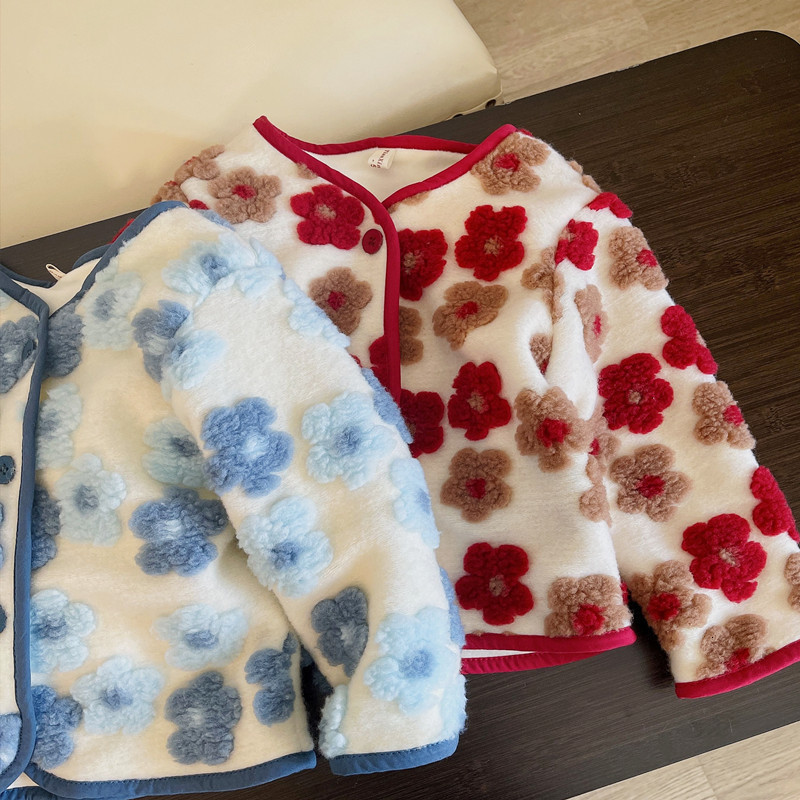 

Down Coat Fashion Korean Style Lamb Plush Flower Blue Girls Overcoat Children s Autumn Wear On Both Sides 5 Years Old 221130, Red