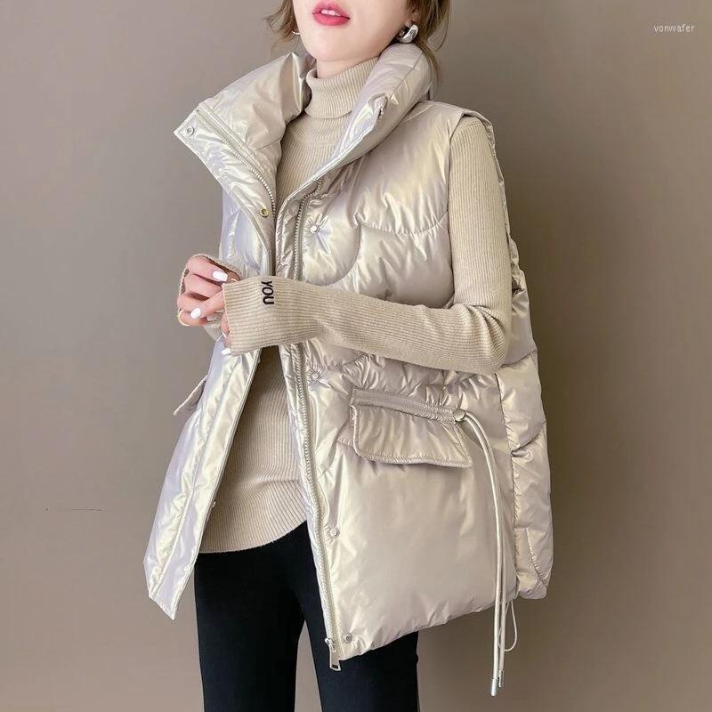 

Women's Vests Bright Color Cotton Padded Jacket Women Stand Collar Sleeveless Female Winter Waistcoat Coat Vest, White