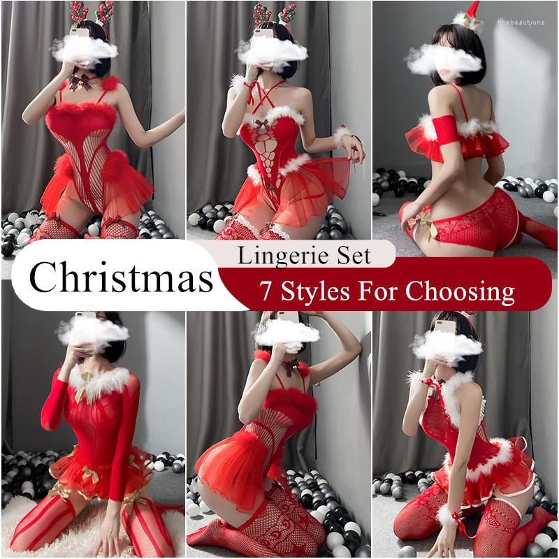 

Bras Sets Year Christmas Lingerie Set Red Fishnet Bodysuit Stockings Women Sexy Cosplay Uniforms Erotic Costumes, 7090