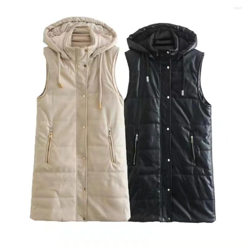 

Women's Vests Autumn And Winter Fashion Women's Casual Loose Mid-length Imitation Leather Thickened Hooded Cotton Vest, Beige