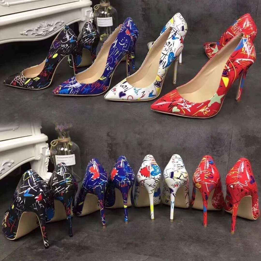 

High Heels Pumps Women Dress Shoes Graffiti Colorful Women Sexy Stiletto High-Heeled Spring Wedding Party Sapato Feminino, With box + red dust bag