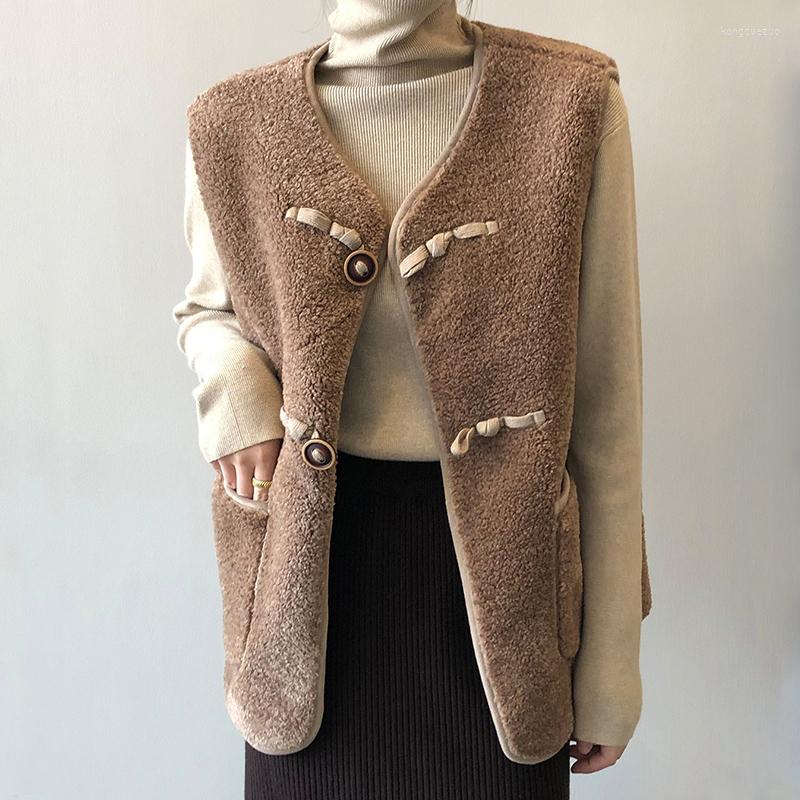 

Women's Vests 2022 Winter Women's Sleeveless Jackets Woolen Lamb Fur Vest Korean Version Loose V-Neck Waistcoat Female Clothing 80670, Khaki