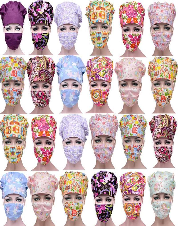 

Women Scrubs Caps Sets Flower Cartoon Printed Cotton Sweatband Hats Bouffant Cap Antidust Washable Working Hats Accessories13953622