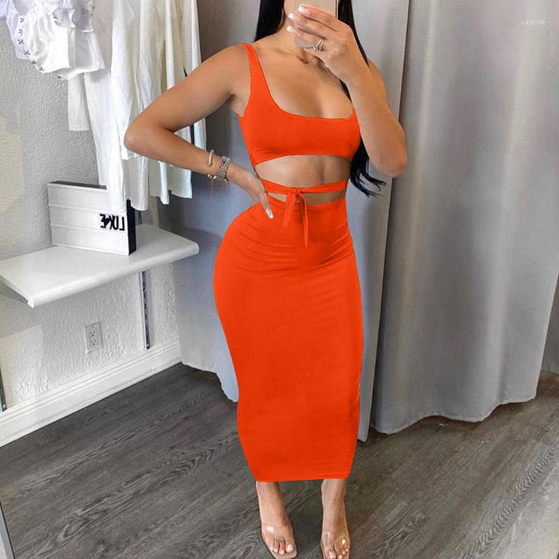 

Work Dresses 2 Pieces Suit Skirts Set Female Solid Color U-Neck Short Camisole Tanks Crop Top Long Package Hip Skirt For Summer Women Ladies, Black