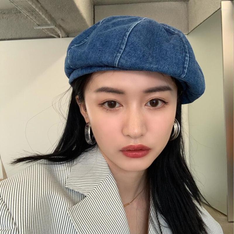 

Berets INS Winter Vintage Flat Hats Fashion Big Wide Side Denim Snapback Caps Female Casquette Hat Octagonal Cap For Women Girls, Dark blue