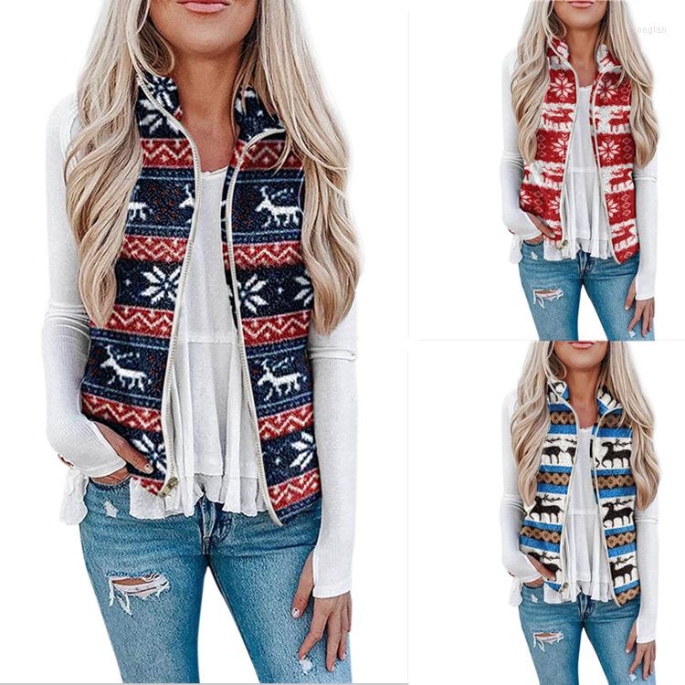 

Women' Vests Women' Christmas Top Plush Printed Vest Coat Pocket Zipper Jackets Warm Fall Winter Clothings, Blue