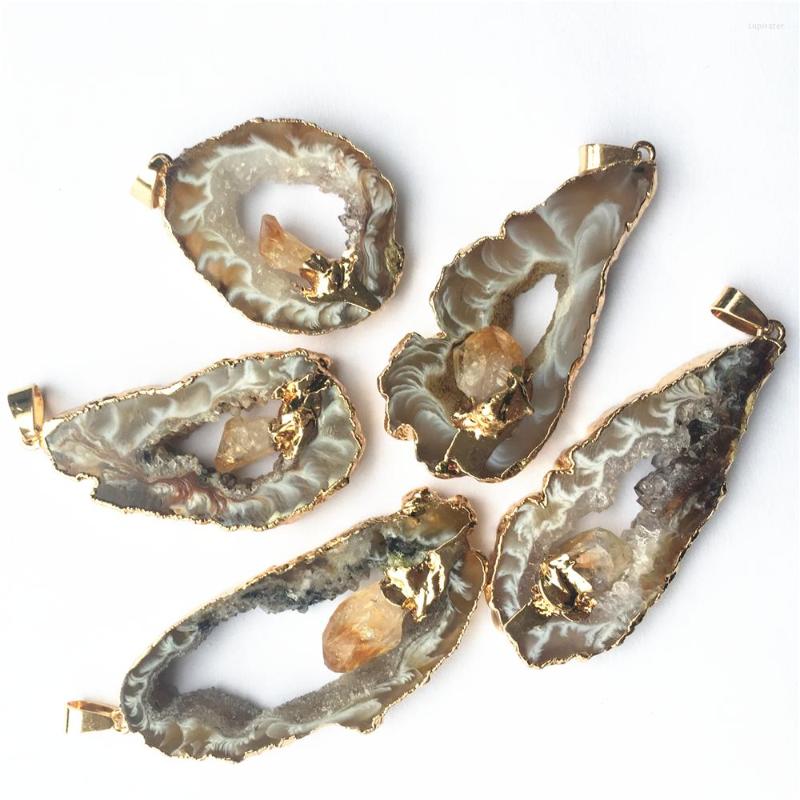 

Pendant Necklaces Geode Agates Slice Pendants Inlaid Natural Citrines Point Irregular Shape Stone Elegant Quartzs Jewelry Making 4PCS