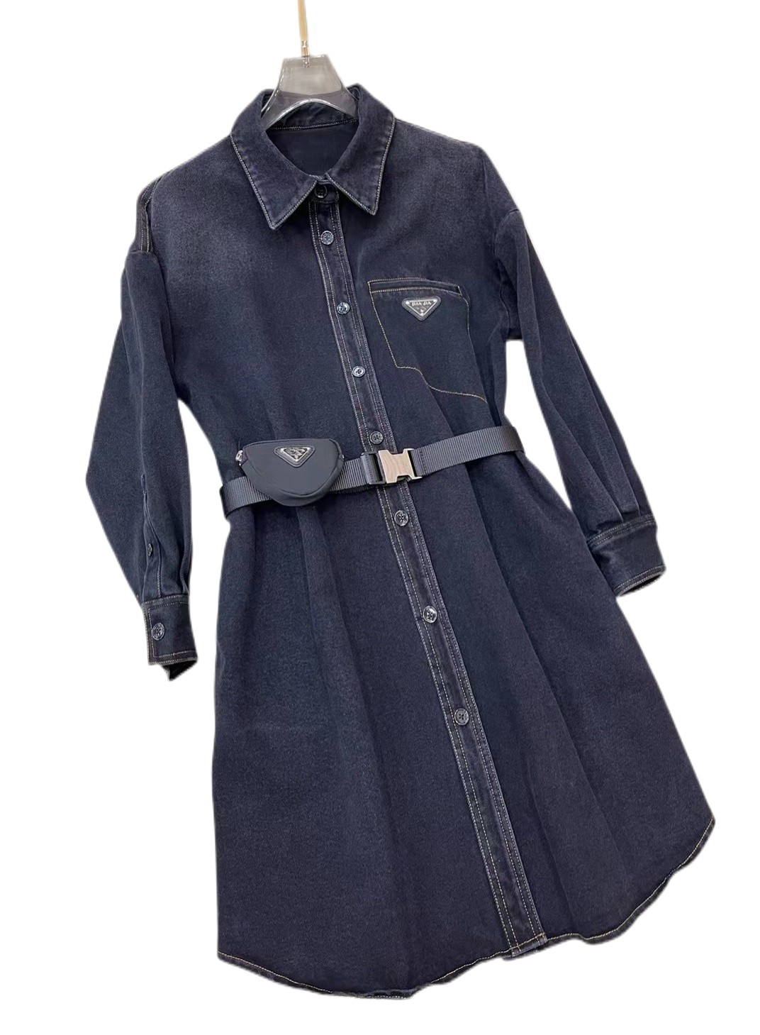 

Autumn and winter temperament denim wash gradually press line effect dress coat, Gray
