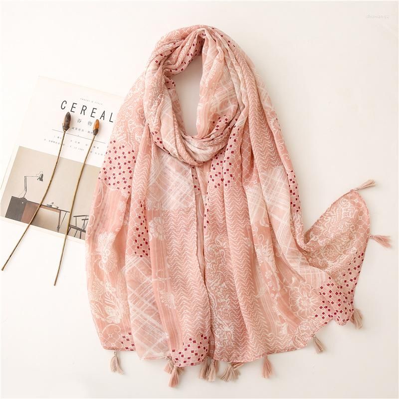 

Scarves Est Soft Pink Geometry Print Tassel Scarf Shawls Women Trendy Geometric Hijab Wrap