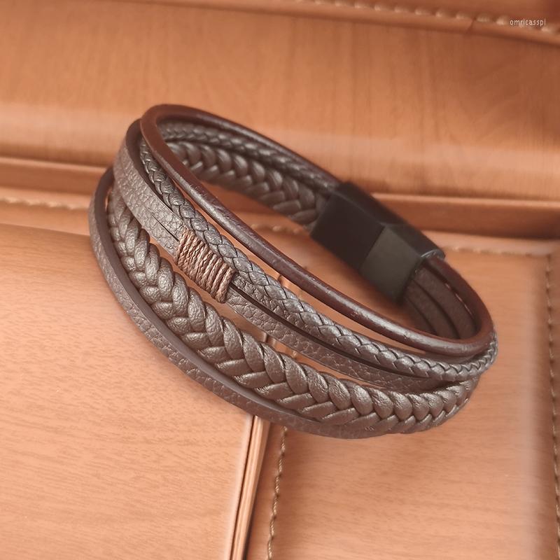 

Charm Bracelets Brown Multilayer Design Classic Men's Leather Bracelet Stainless Steel Magnet Bangle Punk Fashion Christmas Year Gifts