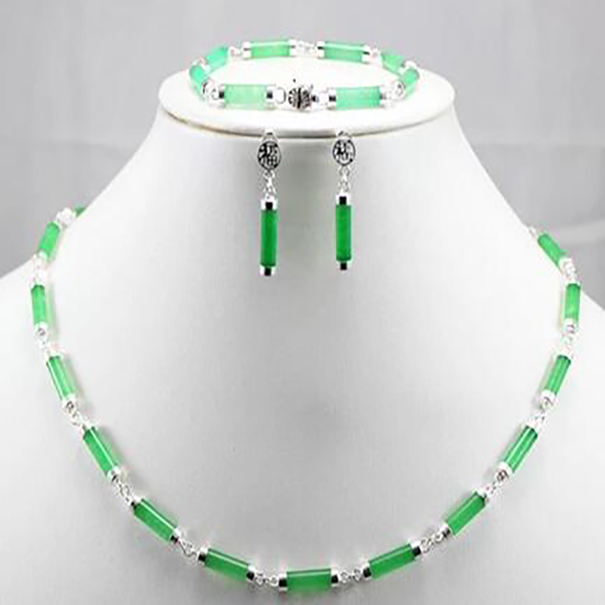

Dark Green Jadejade 925 Sterling Silver Earring Bracelet Necklace Set 43CM