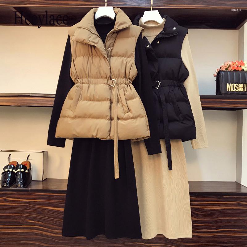 

Women's Vests Vest Women Coat Turtleneck Sweater Dresses Femme Autumn Winter Long Sleeve Basic Jacket Warm Two Piece Suit Chaleco Mujer, Khaki dress