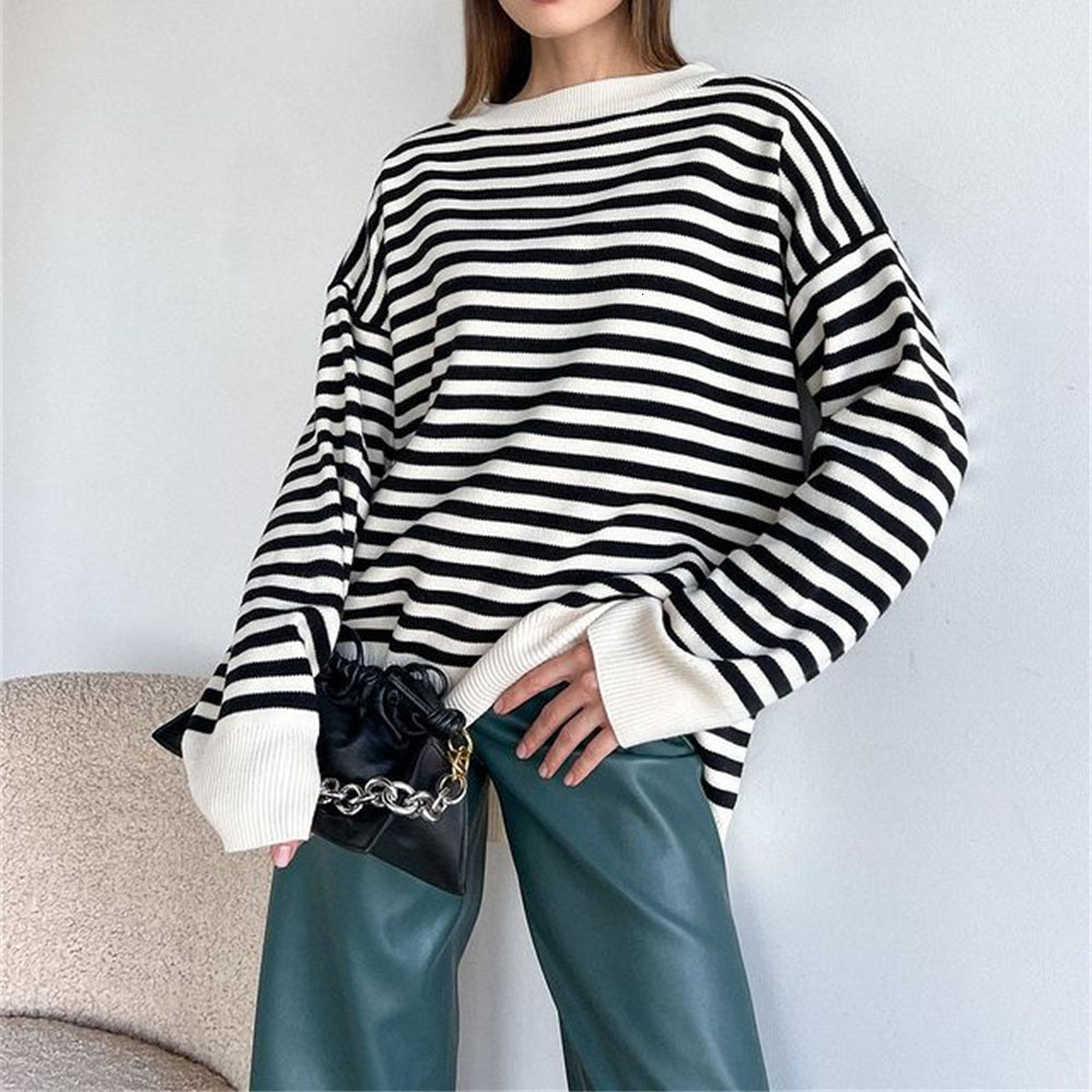 

Women' Sweaters Autumn Women Striped Pullovers O-Neck Long Sleeve Loose Style Sweater Knitted Fashion Tops 221201, Green