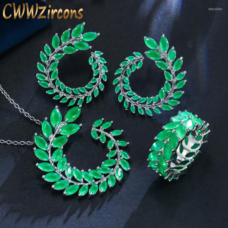 

Necklace Earrings Set CWWZircons Classic Leaf Austrian Crystal Rings Fashion Brand Ladies With Green Stones T014, Picture shown