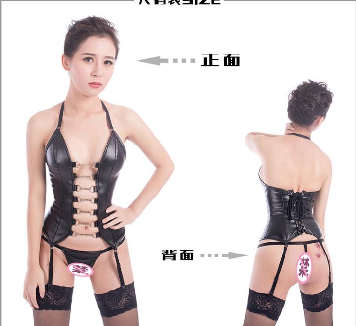 

Sexy Set underwear SM adult suit nightclub uniform Bodysuit leather onesie plus size corset patent leather bar performance, Black