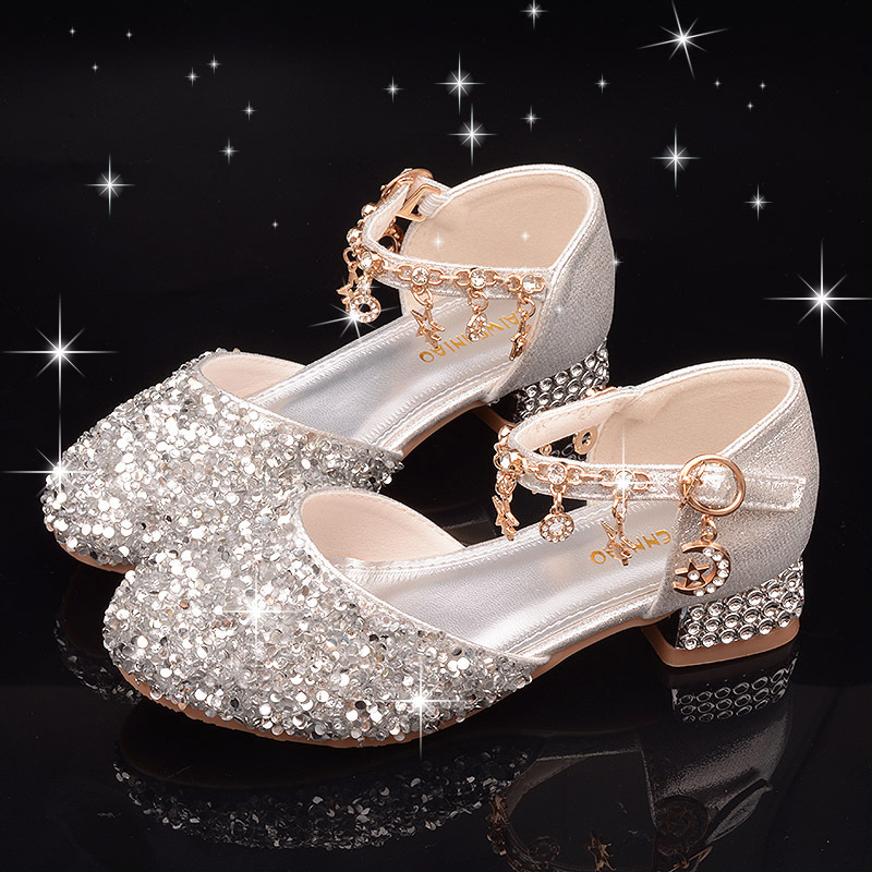 

Children's shoes shiny gold chian moon sun star spring and autumn girls' Diamond low heel princess shoes pearl tide flower gilrs' Kitten heels, Pink