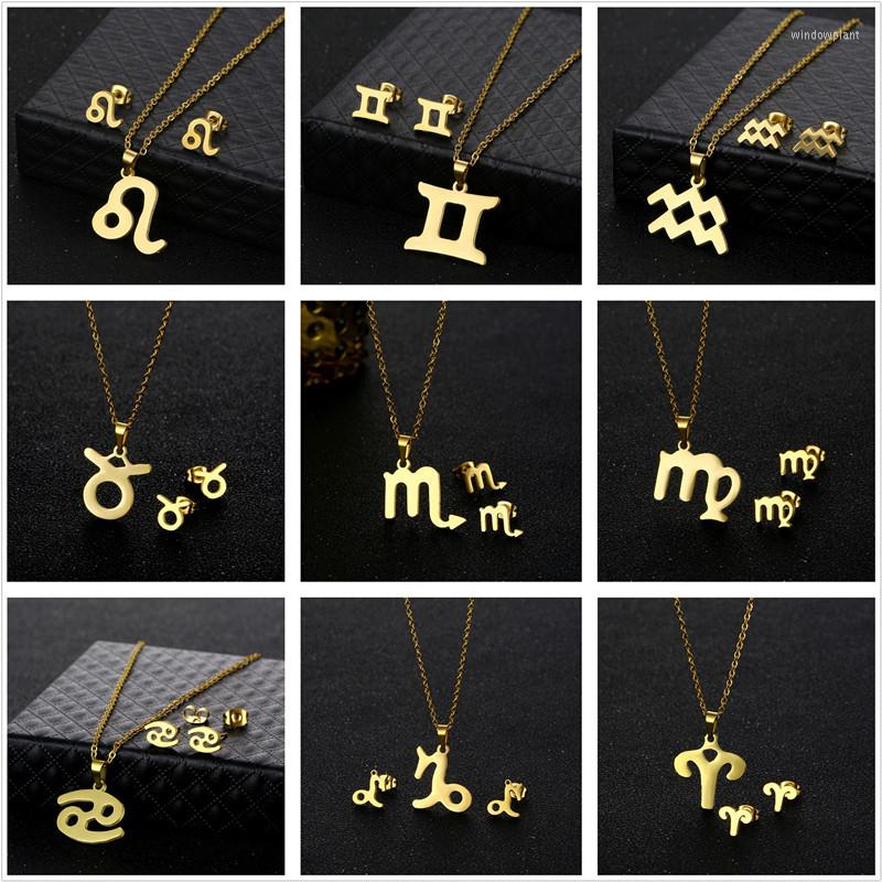 

Necklace Earrings Set 45cm Stainless Steel Gold Plated Earring For Women Man Twelve Constellation Pendant Engagement Jewelry, Picture shown
