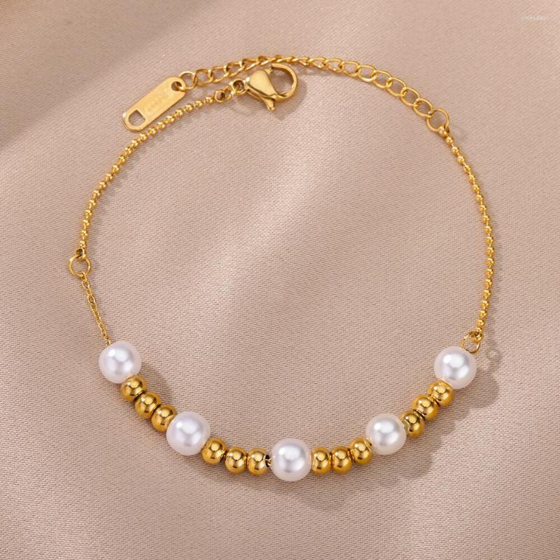 

Charm Bracelets Fashion Bead Pearl For Women Stainless Steel Gold Color Chain Bracelet Party Christmas Jewelry Gift Bijoux Femme