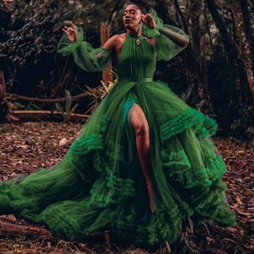 

Hunter Green Halter Prom Dresses with Losse Long Sleeve Fairy Ruffles Tiered Tulle Skirt Bohemain Photoshoot Evening Gown, Dark navy