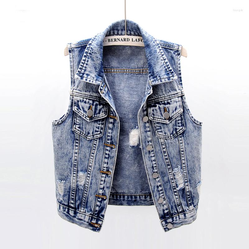 

Women' Vests 2022 Women Sleeveless Denim Jackets Ripped Holes Vintage Korean Slim Dress T-shirt Waistcoats JC210, Picture shown