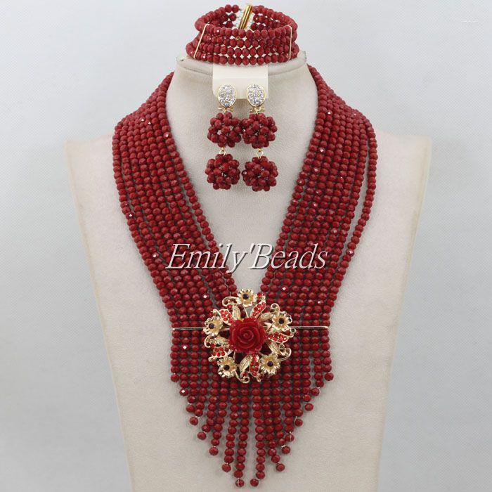 

Necklace Earrings Set Terrific Chunky Layered Red Nigerian Crystal Beads Jewelry Wedding African Handmade AIJ076, Picture shown