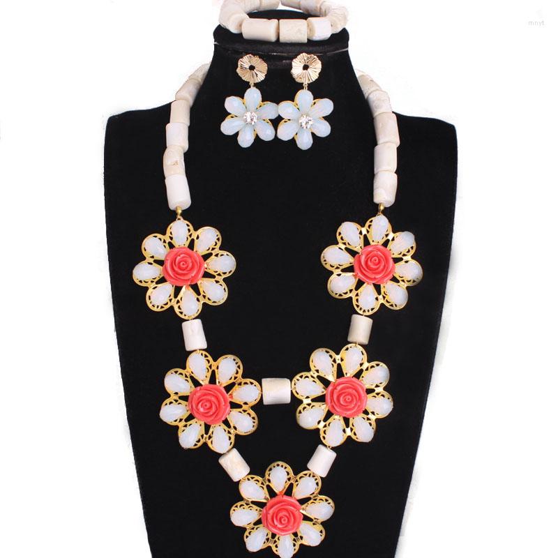 

Necklace Earrings Set 4ujewelry African Coral Beads White / Orange With Crystal Beaded Flowers Nigerian Jewellery Dubai, Picture shown