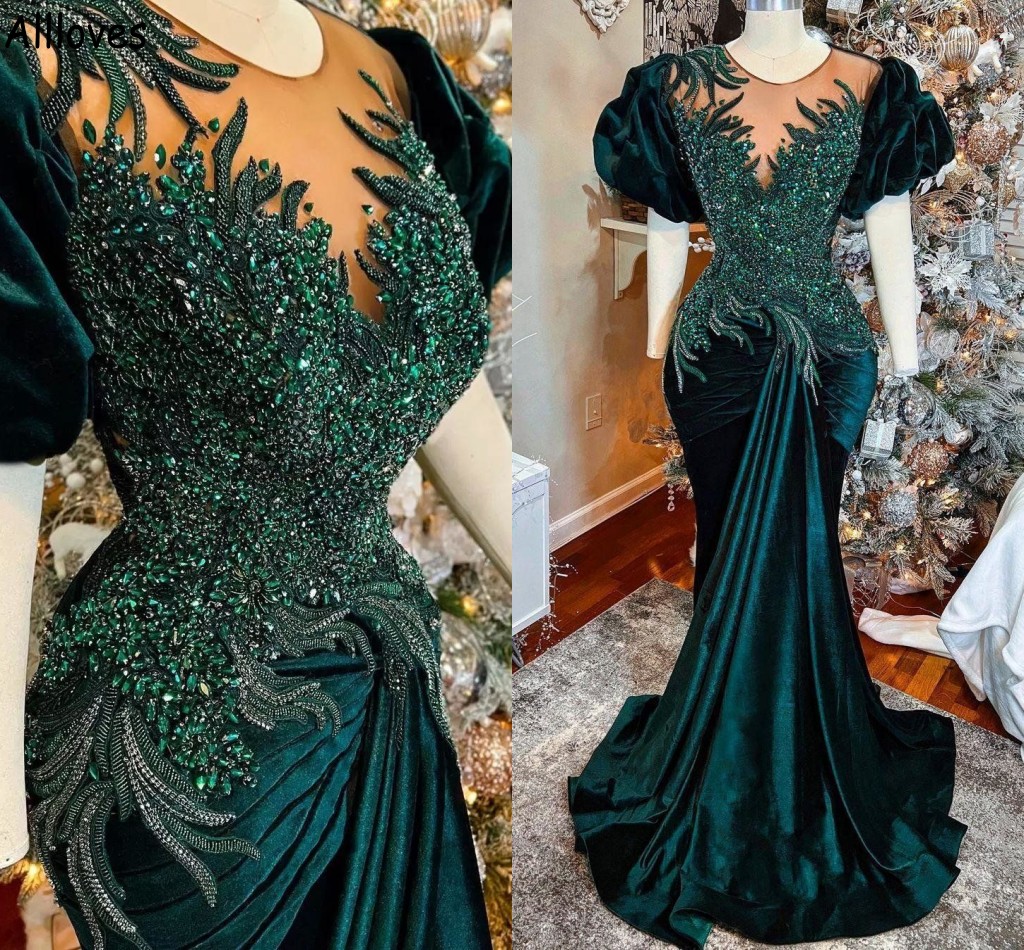 

Velet Dark Green Mermaid Prom Dresses Amazing Crystals Beading Ruched Special Occasion Evening Gowns Puff Short Sleeves Formal Party Vestidos De Festa CL1528, Light sky blue