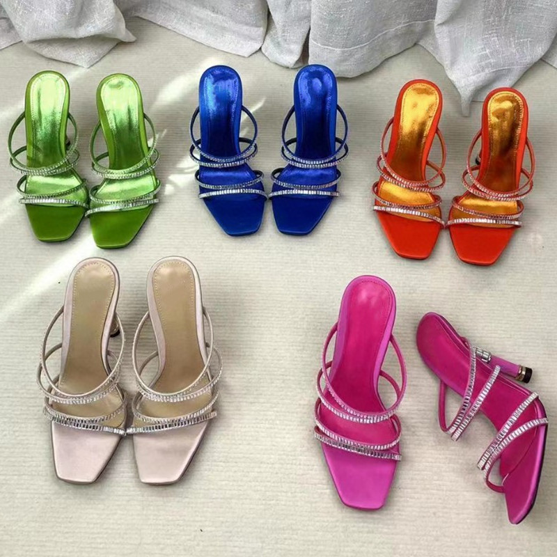 

Womens 2023 Spring Summer Crystal Sandal Satin Slide Slipper New Fashion High Thin Heel Sexy Peep Toe Slip On, L4