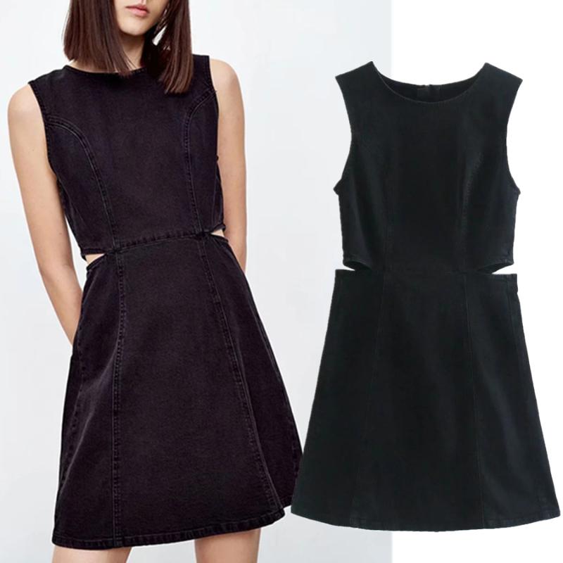 

Casual Dresses Jenny&Dave Dress Women Vestidos Summer Enlgand Style Fashion Simple Solid O-neck Sleeveless Denim Mini Party, Black