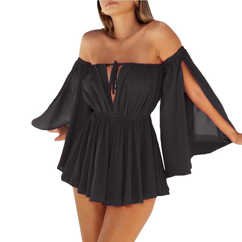 

Casual Dresses Women Off-shoulder Dress Adults Sexy Tie-up Solid Color Boat Neck Slit Sleeve Onepiece, Black
