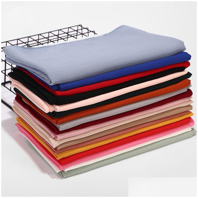 

Scarves Natural Wrinkle Monochrome 100D Shun Crepe Chiffon Scarf Material Breathable Bib Folds Female Baotou Shawl Scarves 857 B3 Dr Dhk2O