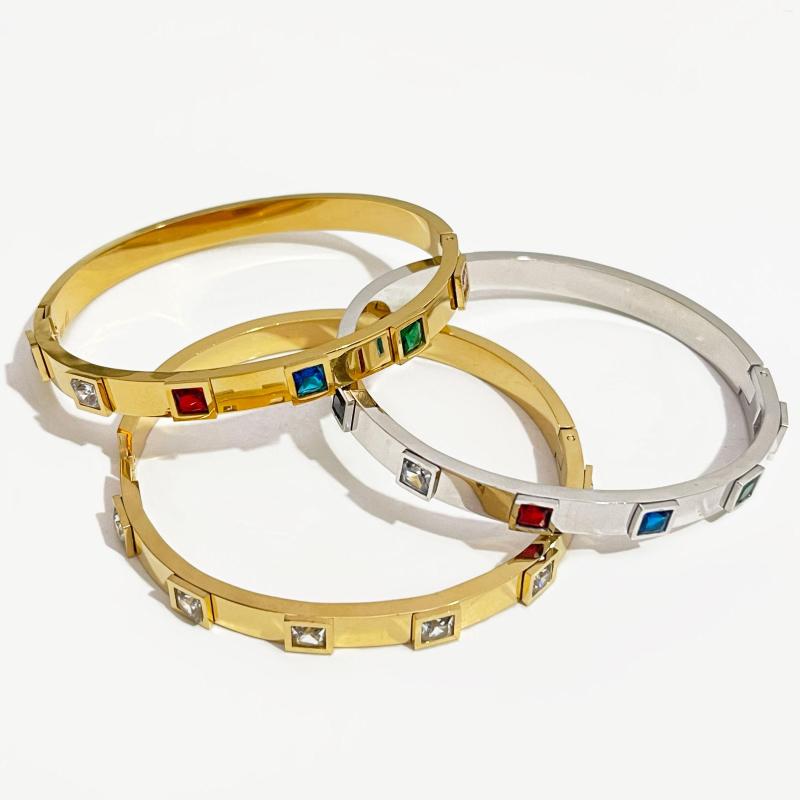 

Bangle Peri'sbox Stainless Steel 18K Gold Plated Rainbow Baguette Cz Zircon Cuff For Women Crystal Openable Bracelet Non Tarnish