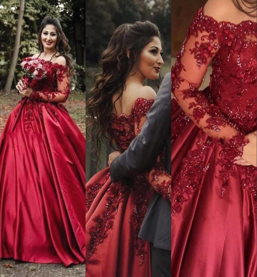 

Burgundy Dark Red Ball Gown Wedding Dresses Off Shoulder Long Sleeves Satin Lace Appliques Flowers Beaded Plus Size Formal Bridal 5235708, Royal blue