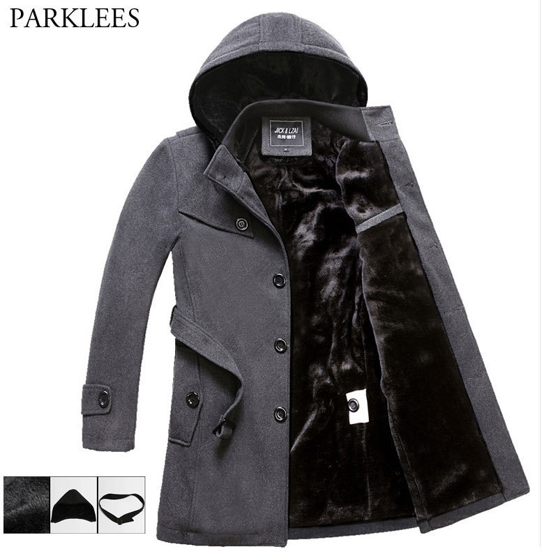 

Men's Wool Blends Fleece Hooded Thick Winter Coat Brand Long Trench Men Casual Pocket Overcoat with Removable Hood 221201, Black