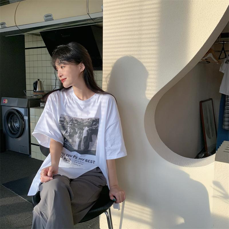 

Women's T Shirts 7333 2022 Style Casual Loose All-match Print Korean Split, Black