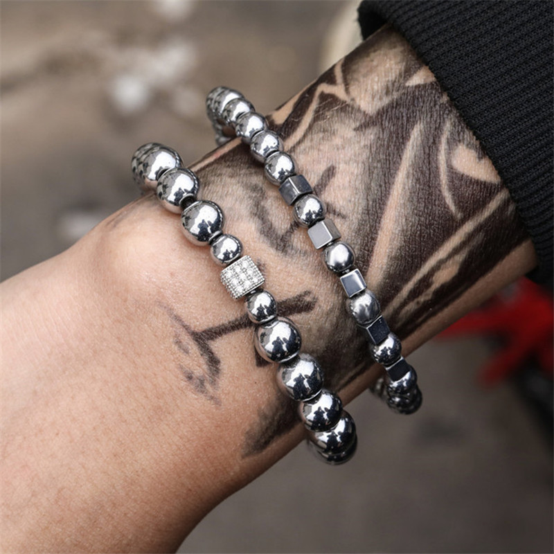 

6mm 8mm Black Stone Hand Chakras Mens Bracelet Designer Beaded 2pcs/set Charm Silver Cubic Zirconia Square Man Bracelets Elastic Bangles Fashion Hiphop Jewelry Gift