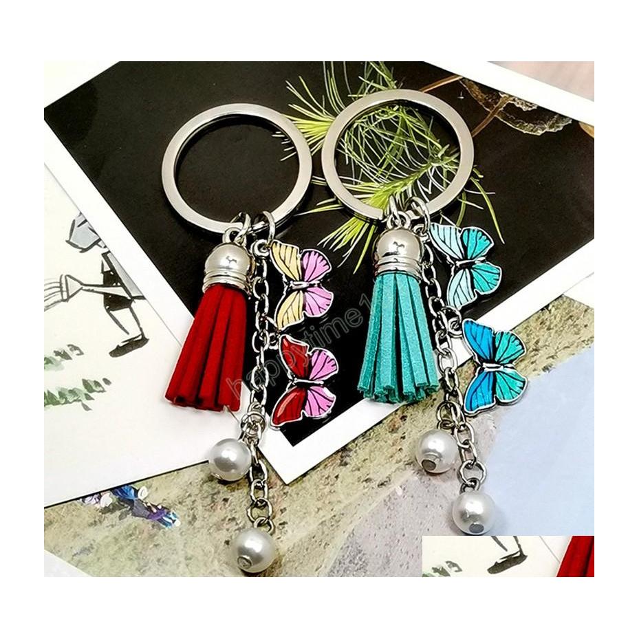 

Key Rings Butterfly Key Chain Tassel Ring With Hanging Pearl Charms For Women Bag Pendant Cute Keychain Fashion Jewelry Gifts Drop De Dh3Z2