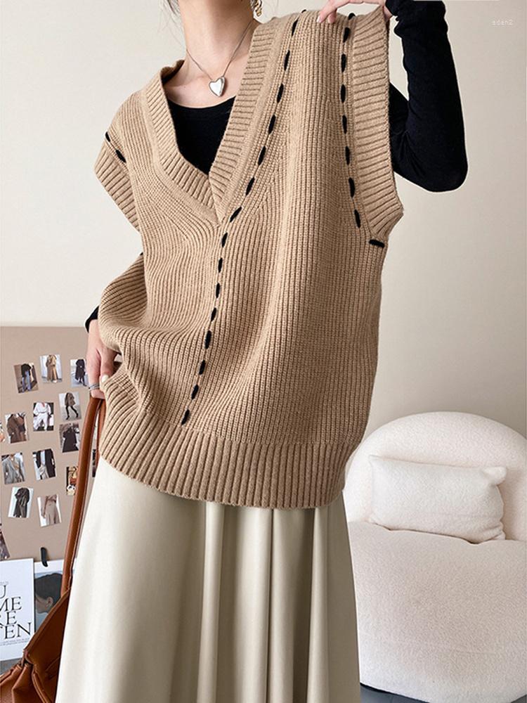 

Women's Vests Women Loose Fit Khaki Topstitched Knitting Big Size Vest V-collar Sleeveless Fashion Tide Spring Autumn 2022 C398