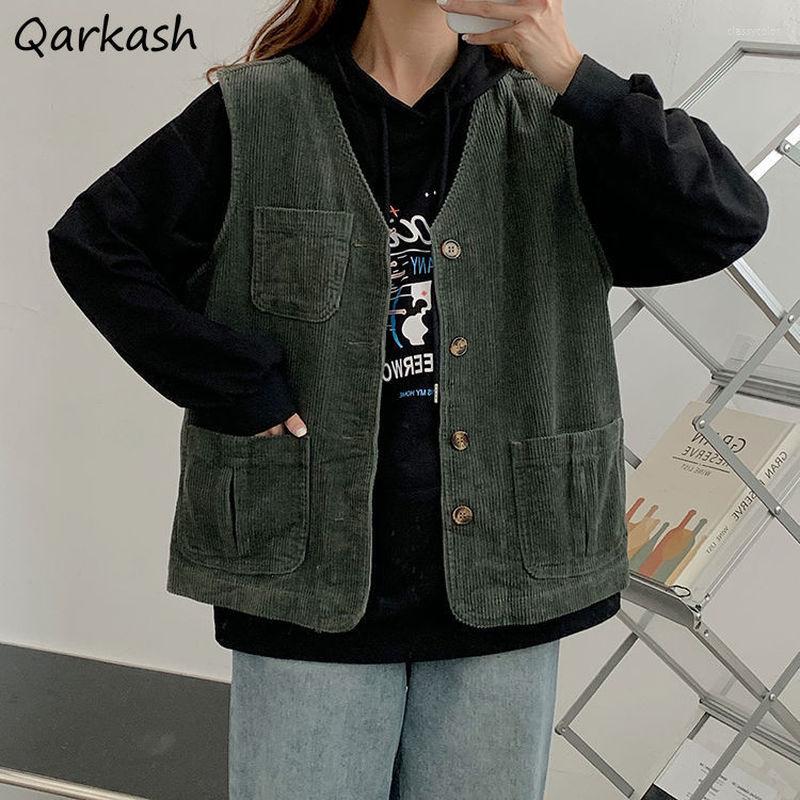 

Women's Vests Autumn Women Vintage Tooling Couple Single Breasted Outwear V-neck Multi-pockets Sleeveless BF Student Corduroy Coats Chic, Army green
