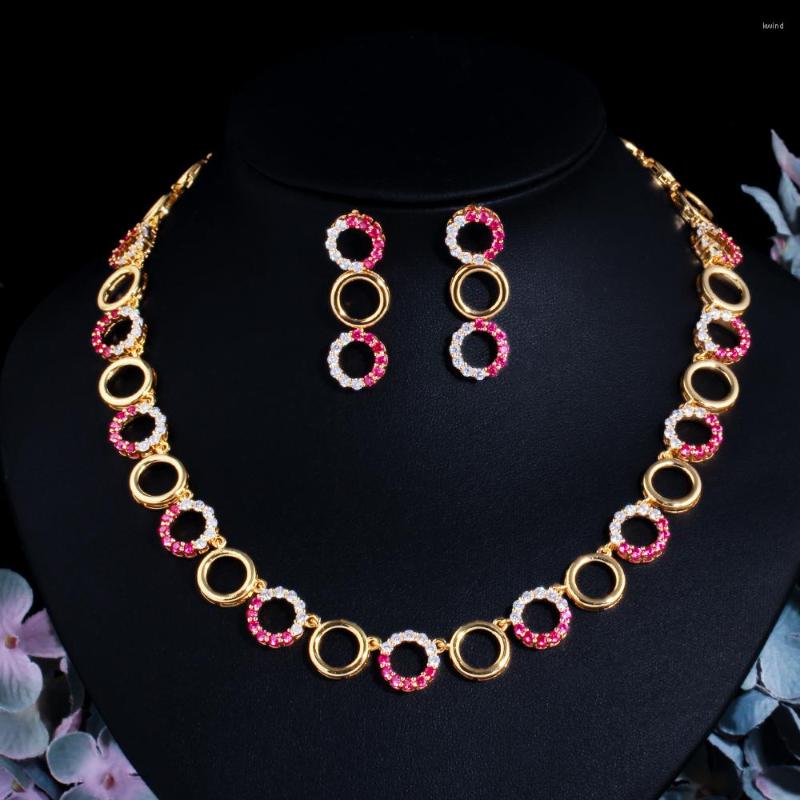 

Wedding Jewelry Sets CWWZircons Red Cubic Zirconia Pave Round Bridal CZ Tennis Necklace Brazillian Gold Color For Women T547