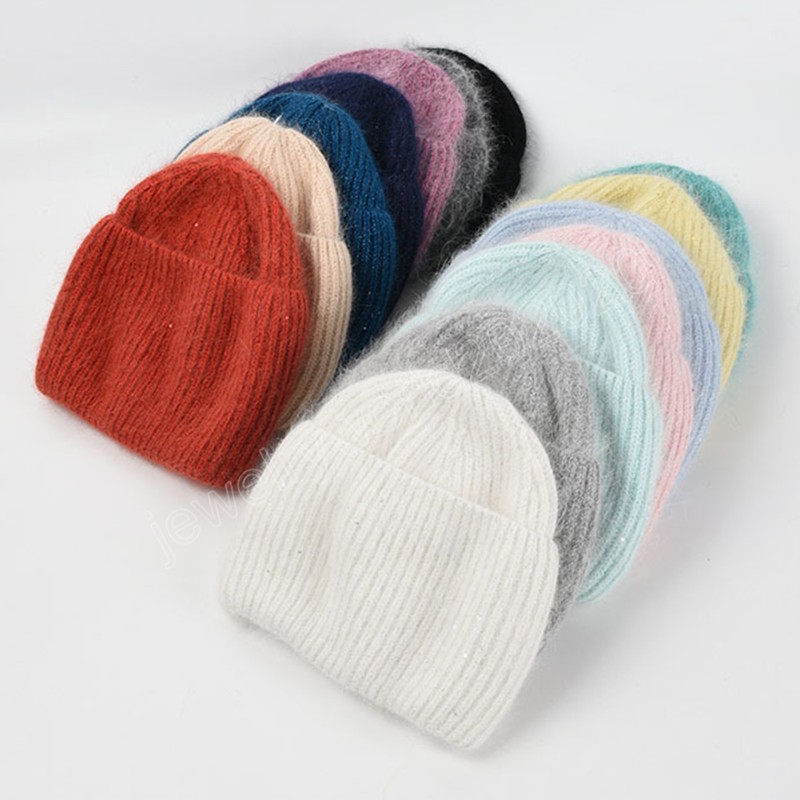 

Solid Color Rabbit Fur Women Knit Beanie Hats Warm Winter Double Layer Female Outdoor Ski Skullies Cap