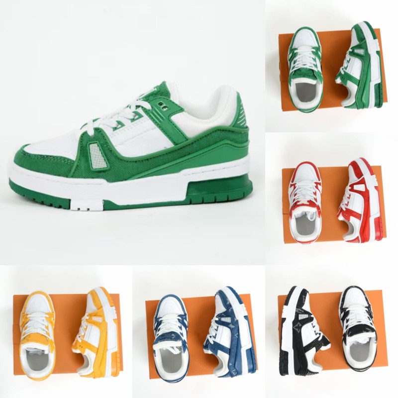

Designer Virgil Trainer kids Causal Shoes Sneakers Fashion youth Leather Lace Up Platform Sole Sneaker yellow White Black boys girls Luxury velvet suede size 28-35