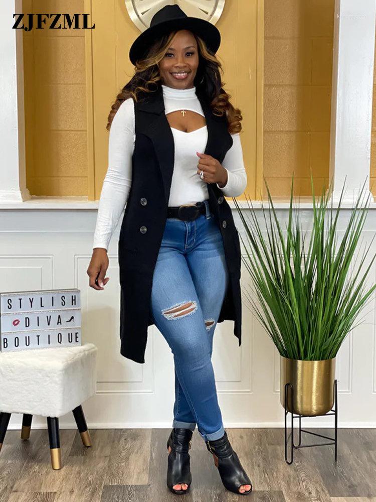 

Women' Vests Autumn Winter Women Knit Sweater Long Waistcoat Office Lady Notched Collar Sleeveless Outerwear Casual Double Breasted Vest, Black