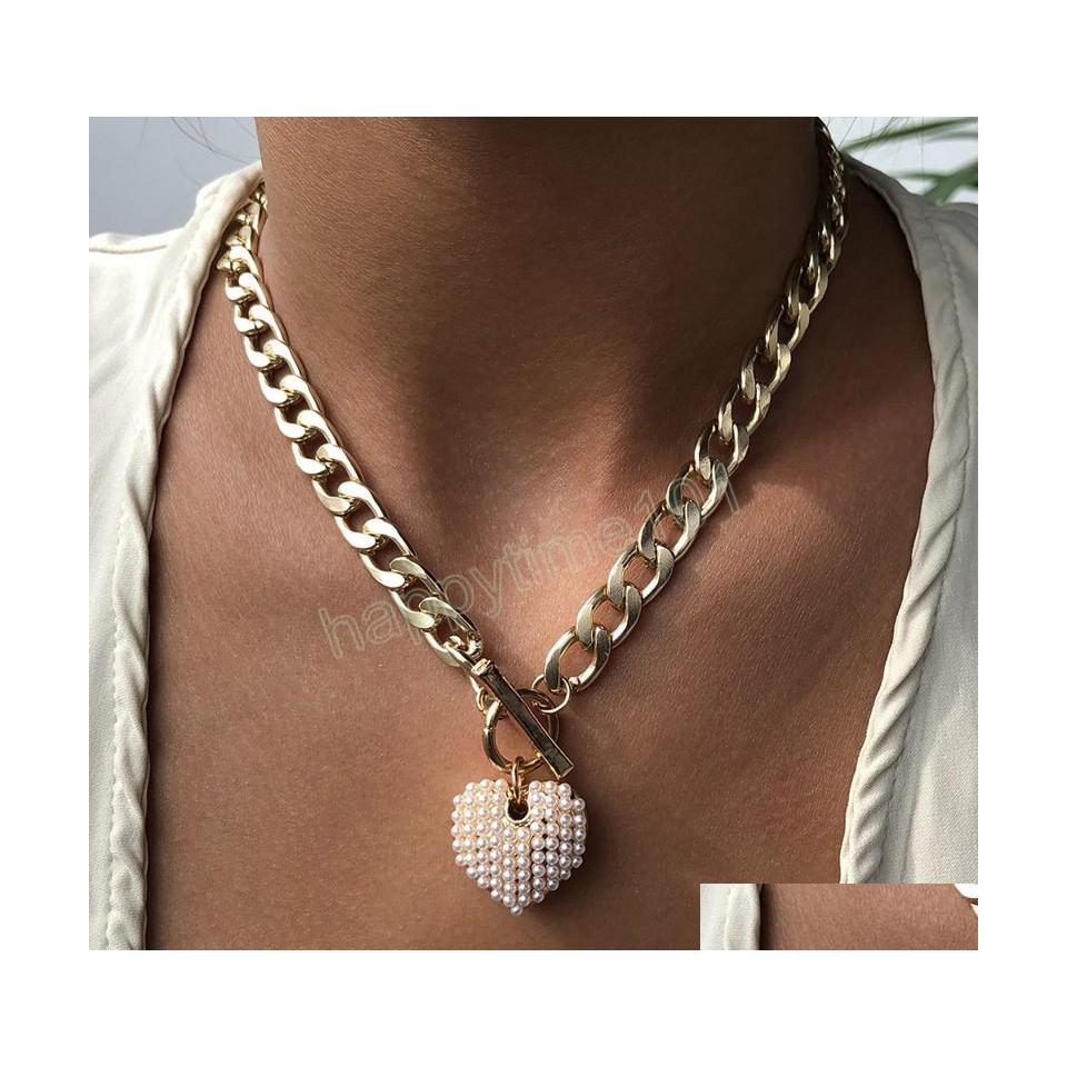 

Pendant Necklaces High Quality Choker Necklace For Women Vintage Pearl Love Heart Pendant Chunky Chain Grunge Neck Jewelry Drop Deli Dhcqm